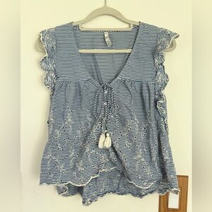 Zara Blue and White Ruffled Tie Front Blouse